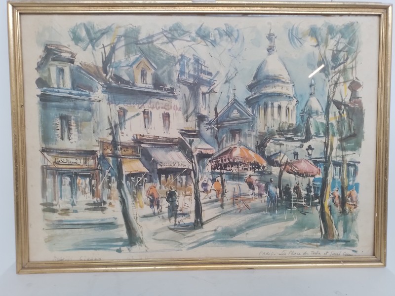 Litho van Marius Girard - Paris, La Place du Tertre et le Sacré-Coeur